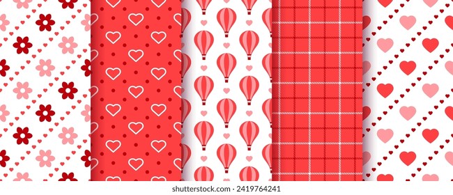 Patrón sin fisuras de San Valentín. Antecedentes rojos. Texturas románticas con corazones, flores, globo de aire caliente y chequeo. Establece tiernos planos retro. Me encantan los papeles para el diseño de chatarra. Ilustración del vector