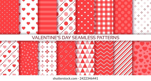 Patrón sin fisuras de San Valentín. Antecedentes rojos. Texturas de corte con corazones, círculos, rayas y zigzag. Establezca impresiones románticas retro. Me encantan los papeles para el diseño de chatarra. Ilustración del vector