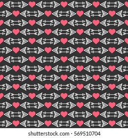 Valentine seamless pattern. Red hearts symbols and white arrows on black background. Vector illustration. 