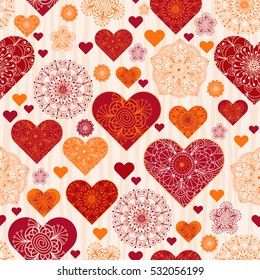 Valentine seamless pattern with red and orange vintage hearts and wave strips, vector