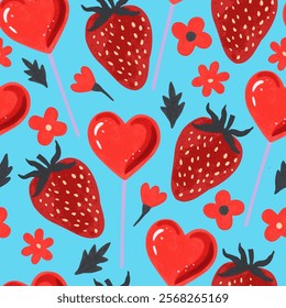 Valentine seamless pattern with red strawberries, flowers and herat-shaped lollypops. Vector illustration