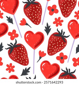 Valentine seamless pattern with red strawberries, flowers and herat-shaped lollypops. Vector illustration