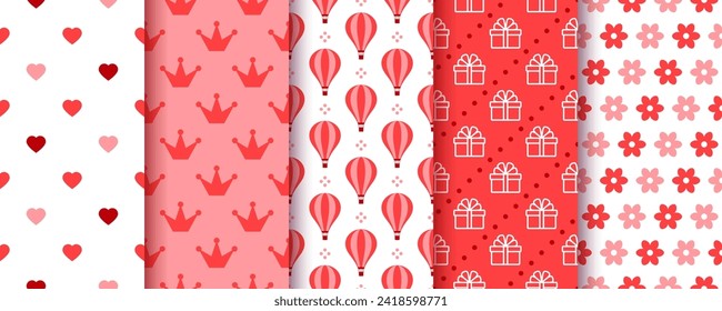 Patrón sin fisuras de San Valentín. Antecedentes románticos. Impresiones con corazón, corona, flor y regalo. Coloca texturas de vacaciones rojas rosadas. Papeles de envoltura de época. Diseño de caracoles. Ilustración del vector