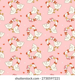 Valentine seamless pattern romantic silly goose couple kissing hand drawn in a cute playful cartoon style, isolated on background