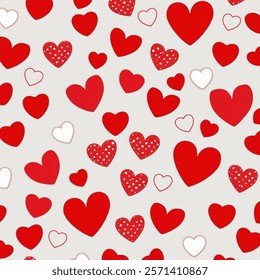 a valentine seamless pattern with scattered red hearts of varying sizes and styles on a white background. Include solid, outlined, and polka-dotted hearts to add variety.