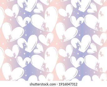 Valentine Seamless Pattern With Silhouette Unicorn And Heart Vector.