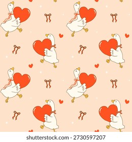 Valentine seamless pattern silly goose with heart motifs hand drawn in a cute playful cartoon style, isolated on background