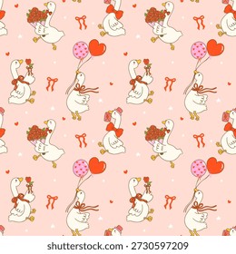 Valentine seamless pattern silly goose love delivery hand drawn in a cute playful cartoon style, isolated on background