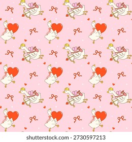 Valentine seamless pattern silly goose cupid hand drawn in a cute playful cartoon style, isolated on background
