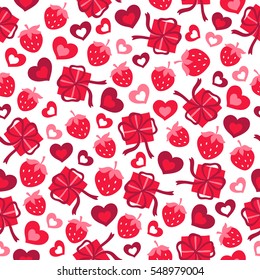 Valentine seamless pattern with strawberries, gifts and hearts. Perfect for wallpaper, web page background, textile, greeting cards and wedding invitations