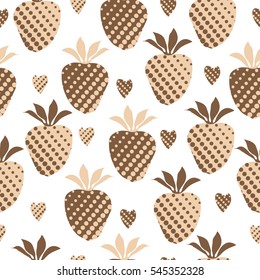 Valentine seamless pattern with strawberries, hearts, halftone. Hand drawn.