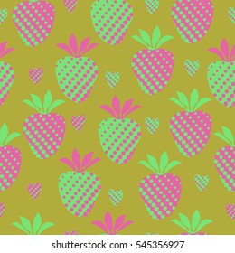 Valentine seamless pattern with strawberries, hearts, halftone. Hand drawn.