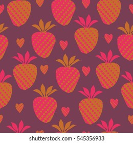Valentine seamless pattern with strawberries, hearts, halftone. Hand drawn.