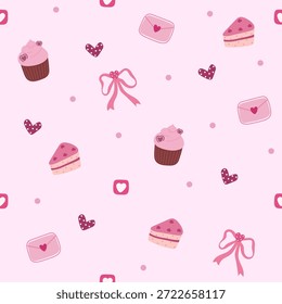 Valentim padrão sem emenda com doce, carta de amor e arco-íris rosa da fita