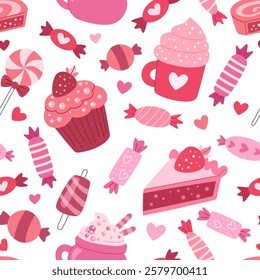 Valentine seamless pattern of sweets, cupcakes, pies, candies and drinks. Love romantic sweet food pattern. White background.