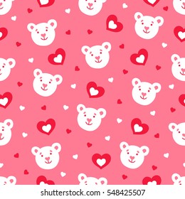 Valentine seamless pattern with teddy and hearts. Perfect for wallpaper, web page background, textile, greeting cards and wedding invitations