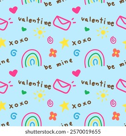 Valentine seamless pattern.Cute colorful hand drawn doodles icon repeat pattern isolated on blue background for happy Valentine's Day.Vector graphic illustration.