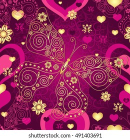 Valentine seamless purple pattern with gold lace butterfly and hearts (vector)