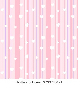 Patrón de rayas sin costuras de San Valentín con corazones blancos. Líneas de rayas de Vertical Fondo de pantalla de fondo de Ilustración vectorial de patrón de repetición abstracto para tela y estampados.
