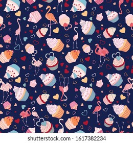 Valentine Seamless Vector Flamingo Cupcake. Pattern Heart Wallpaper.