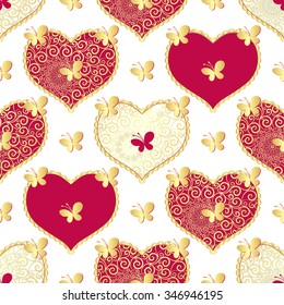 Valentine seamless white pattern with gold butterflies and purple lacy hearts (vector)