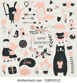 Valentine set with cute loving couple, animals, Cupid,  birds, hearts and flowers in cartoon style