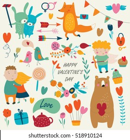 Valentine set with cute loving couple, animals, Cupid,  birds, hearts and flowers in cartoon style