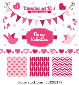 Valentine set of design elements - seamless patterns, label, flowers, hearts, birds, border, garland. Perfect for wallpaper, gift paper, textile, Valentine greeting cards and wedding invitations