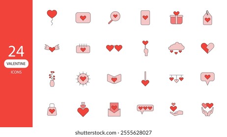 valentine set filled line icons collection vector. valentines day icon containing love heart decoration gift wedding element symbol isolated illustration. design for valentine's concept.