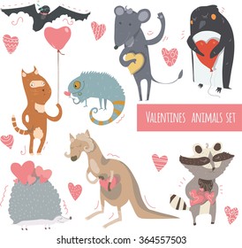 Valentine set of fun animals with hearts and flowers, smiling, cute, with closed and open eyes. Vector kind illustration isolated on white.