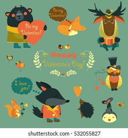 Valentine set of fun animals with hearts and flowers
