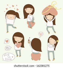 Valentine set girl in love. Vector cartoon illustrations