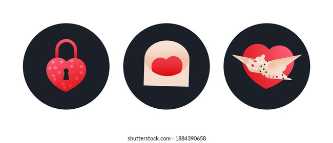 Valentine Set. Modern Flat Vector Concept Illustrations. Badges with Heart Shape Lock, Envelop with Heart, Pigeon with Envelop on Heart Shape Background. Social Media Ads.