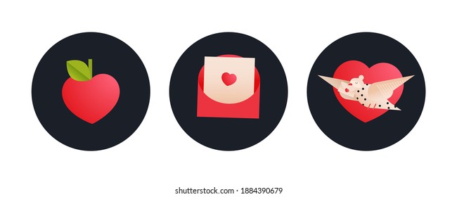 Valentine Set. Modern Flat Vector Concept Illustrations. Badges with Heart Shape Fruit, Envelop with Heart, Pigeon with Envelop on Heart Shape Background. Social Media Ads.