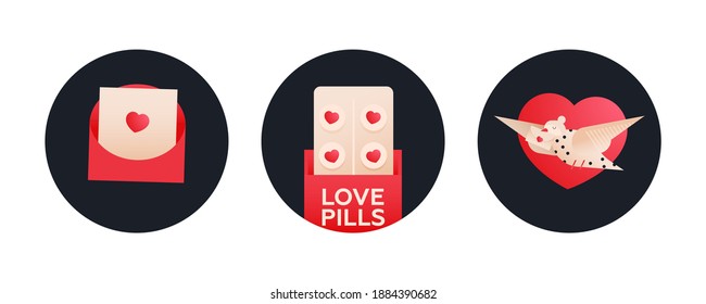 Valentine Set. Modern Flat Vector Concept Illustrations. Badges with Envelop with Heart, Love Pills, Pigeon with Envelop on Heart Shape Background. Social Media Ads.