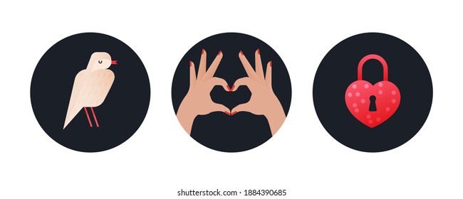 Valentine Set. Modern Flat Vector Concept Illustrations. Badges with Pigeon, Gesture Heart Shape, Heart Shape Lock. Social Media Ads.