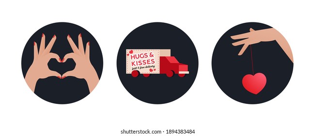 Valentine Set. Modern Flat Vector Concept Illustrations. Badges with Gesture Heart Shape, Hugs and Kisses Delivery, Hand Play with Toy Heart . Social Media Ads.