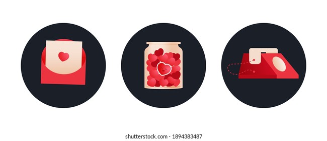 Valentine Set. Modern Flat Vector Concept Illustrations. Badges with Envelop with Letter, Jar with Hearts, Phone. Social Media Ads.