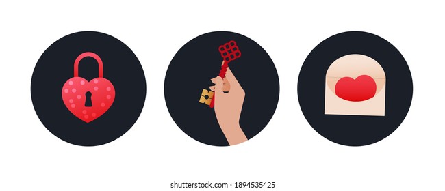 Valentine Set. Modern Flat Vector Concept Illustrations. Badges with Heart Shape Lock, Hand Hold Key, Envelop with Heart. Social Media Ads.