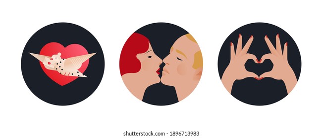 Valentine Set. Modern Flat Vector Concept Illustrations. Badges with Pigeon with Envelop on a Heart Shape Background, Kissing Couple, Heart Shape Gesture. Social Media Ads.