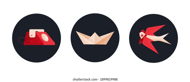 Valentine Set. Modern Flat Vector Concept Illustrations. Badges with Red Phone, Paper Ship with I Love You Texture, Bird. Social Media Ads.