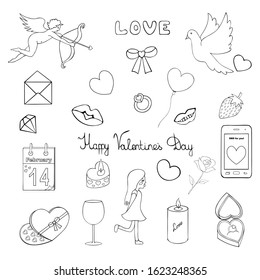 Valentine. Set of vector illustrations for Valentine Day. Outline on an isolated background. Holiday sketch. Love collection. Doodle style. Coloring book for children. A group of cute images. Love.