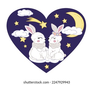 valentine in the shape of a heart with the image of two rabbits on the background of the moon and the starry sky.