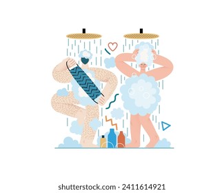 Valentine: Shared Routine - modern flat vector concept illustration of a couple engaging in a playful shower routine together. Metaphor of intimacy in daily life, unity, affection, love, connection