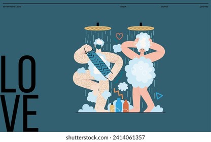 Valentine: Shared Routine - modern flat vector concept illustration of a couple engaging in a playful shower routine together. Metaphor of intimacy in daily life, unity, affection, love, connection