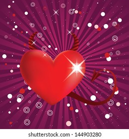 Valentine shiny red devil heart on dark pink background.