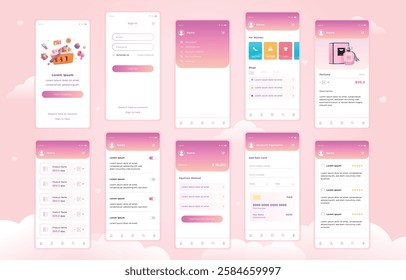 Valentine Shopping App vector templates set. Online clothes store web page design layout. Set of UI, UX, GUI screens Shopping app flat design template for mobile apps, responsive website 
