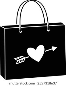 Valentine shopping paper bag silhouette vector.
Valentine's Day gift bag icon.
Isolated Valentine's Day element.
Transparent background.