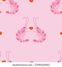 Valentine Shrimp padrão sem emenda no fundo rosa. Diversão desenhado à mão Design para Romântico e Náutico-Temático impressões.	