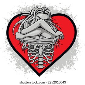 valentine sign, skeleton girl and  heart, grunge vintage design t shirts